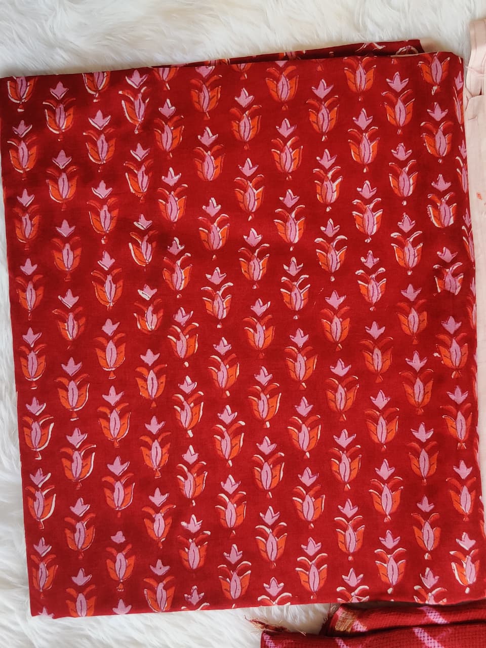 Red Paisley Floral Print Unstitched Cotton Salwar Suit Set