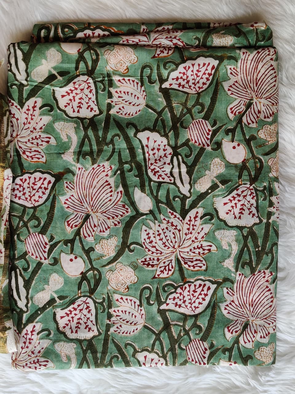 Sage Green Maroon Floral Print Unstitched Suit Fabric with Gold Border Dupatta