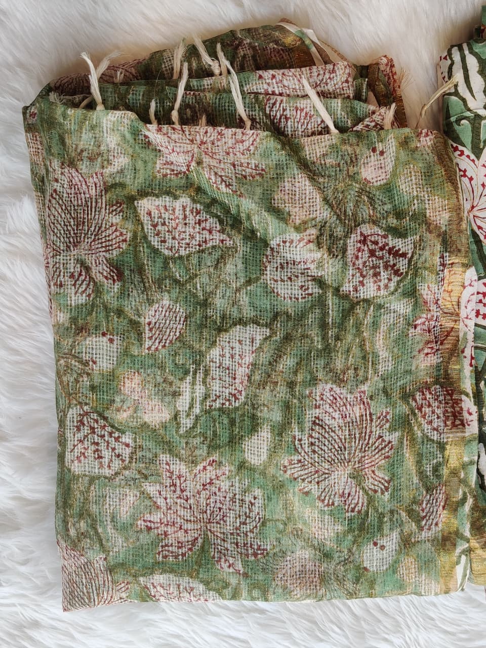 Sage Green Maroon Floral Print Unstitched Suit Fabric with Gold Border Dupatta