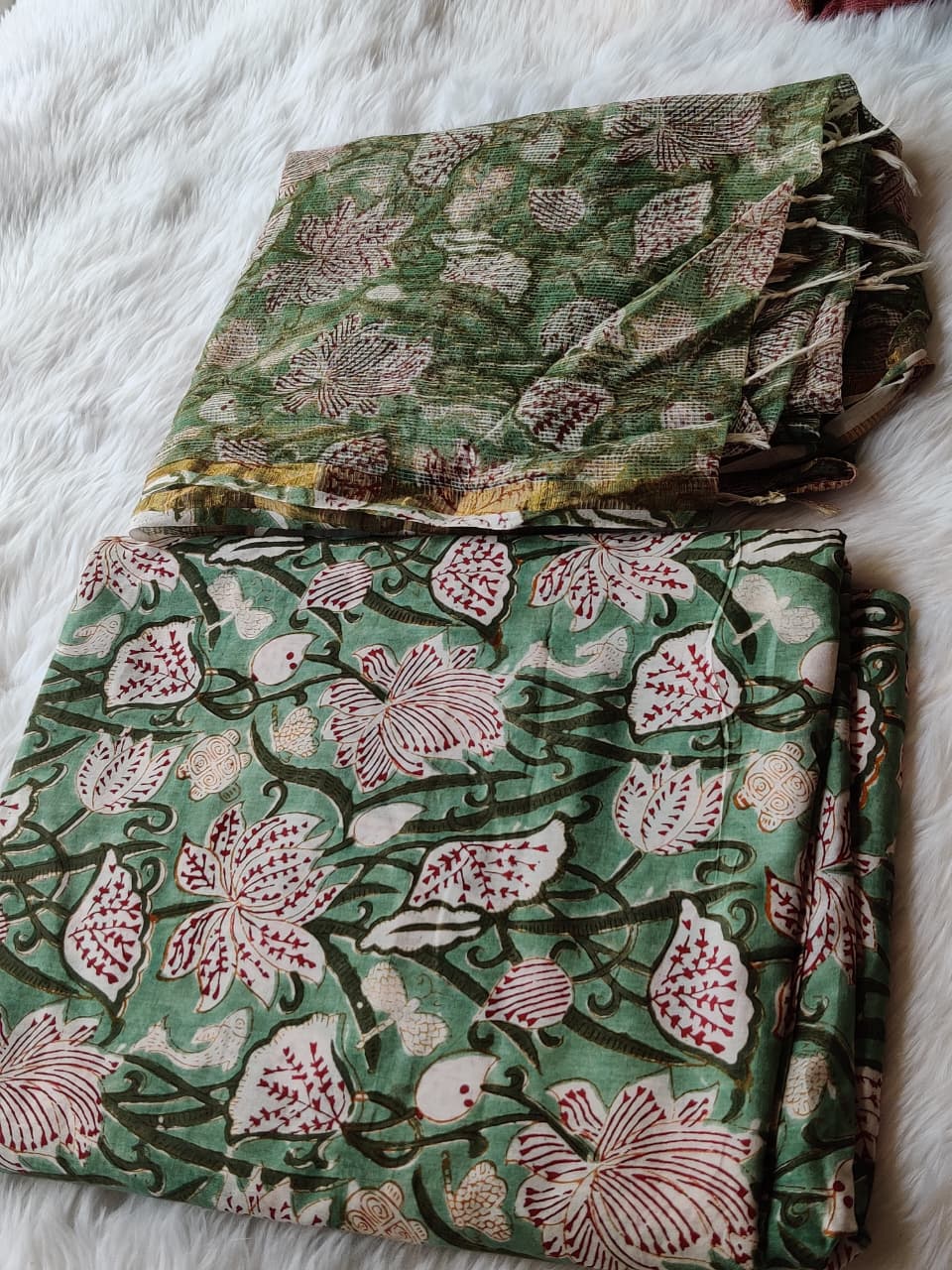 Sage Green Maroon Floral Print Unstitched Suit Fabric with Gold Border Dupatta