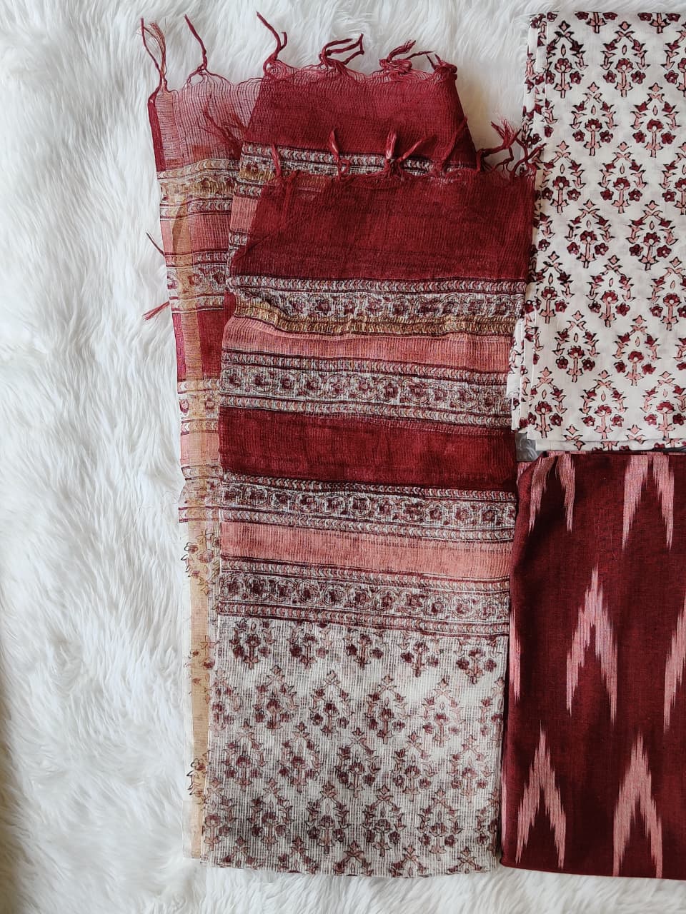 Maroon Ikat Floral Print Unstitched Suit Fabric with Striped Dupatta