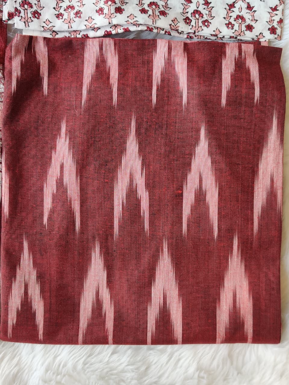 Maroon Ikat Floral Print Unstitched Suit Fabric with Striped Dupatta