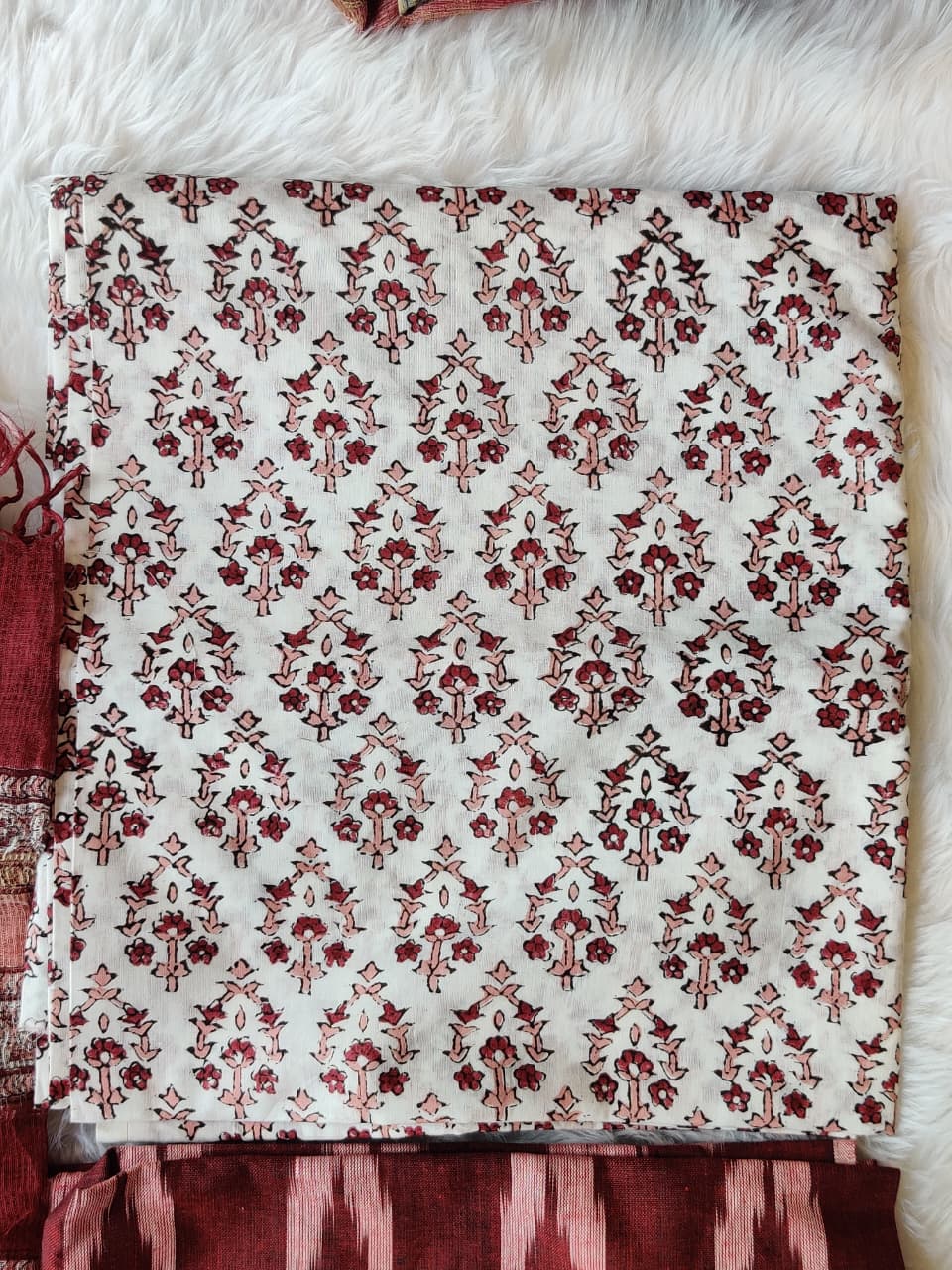 Maroon Ikat Floral Print Unstitched Suit Fabric with Striped Dupatta