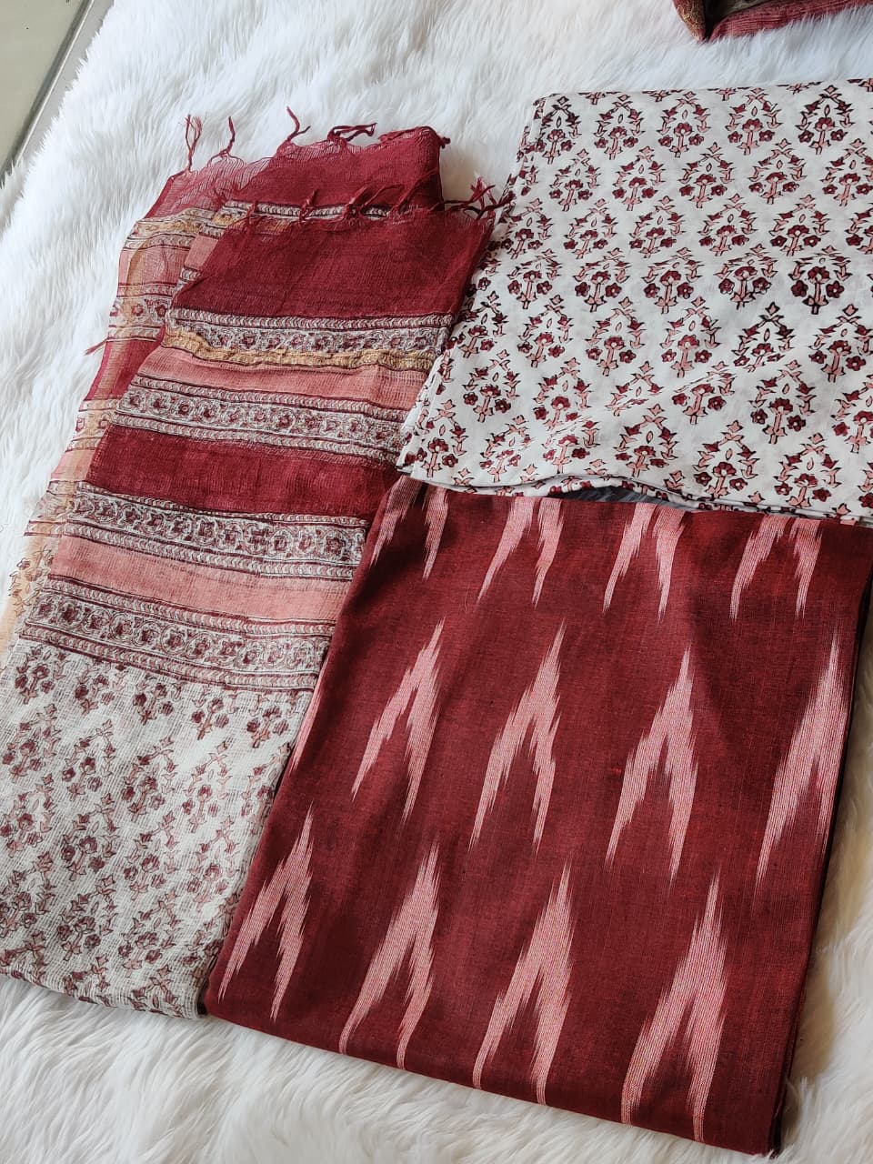 Maroon Ikat Floral Print Unstitched Suit Fabric with Striped Dupatta