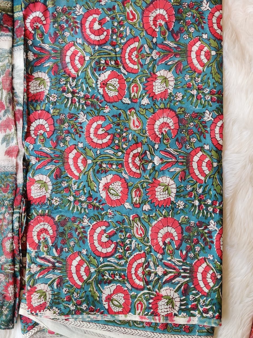 Teal Blue Red Floral Block Print Unstitched Suit Fabric with Contrast Dupatta