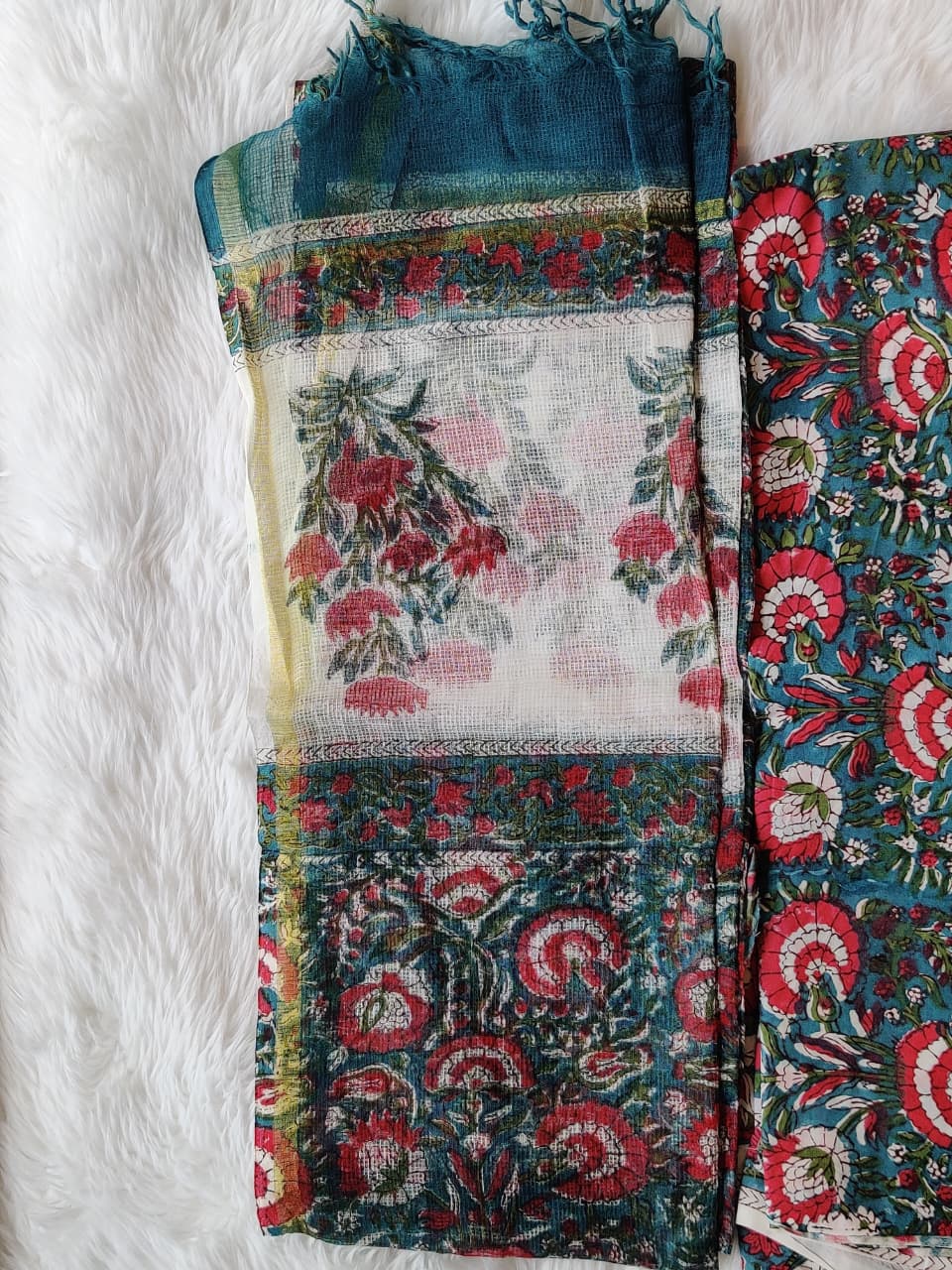 Teal Blue Red Floral Block Print Unstitched Suit Fabric with Contrast Dupatta