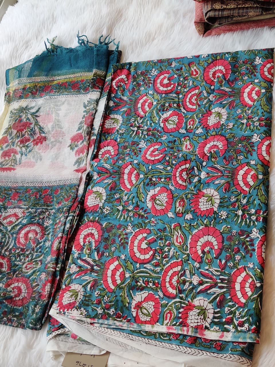 Teal Blue Red Floral Block Print Unstitched Suit Fabric with Contrast Dupatta