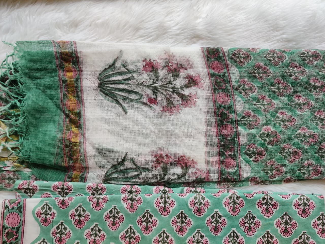Mint Green Pink Floral Block Print Unstitched Suit Fabric with Designer Dupatta