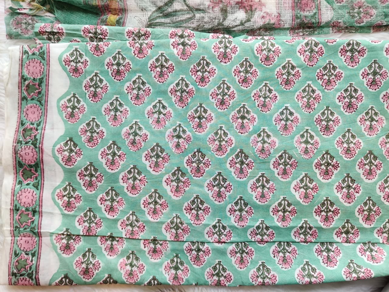 Mint Green Pink Floral Block Print Unstitched Suit Fabric with Designer Dupatta