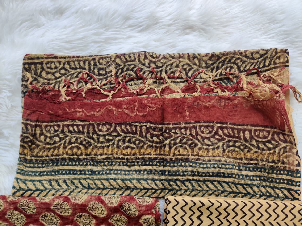 Rustic Red Beige Dabu Print Unstitched Suit with Geometric Dupatta