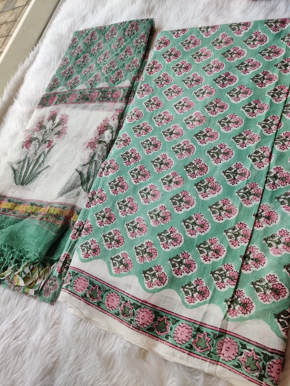 Mint Green Pink Floral Block Print Unstitched Suit Fabric with Designer Dupatta