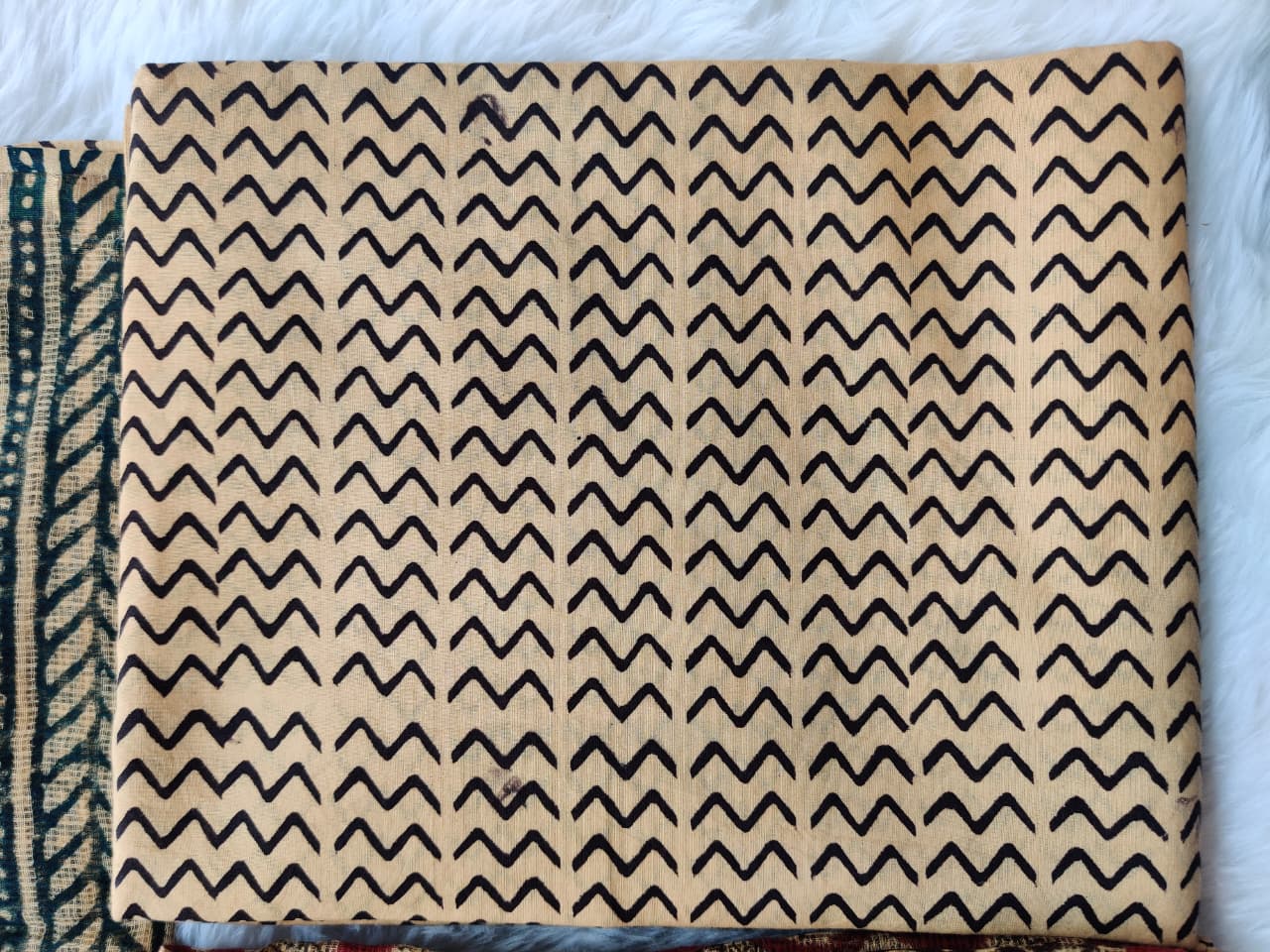 Rustic Red Beige Dabu Print Unstitched Suit with Geometric Dupatta