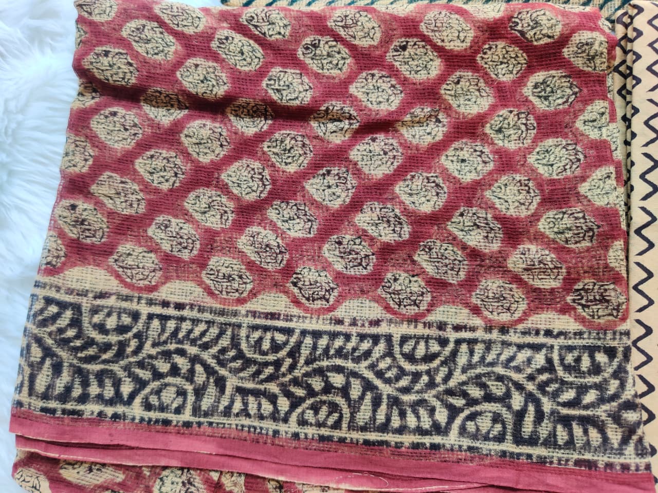 Rustic Red Beige Dabu Print Unstitched Suit with Geometric Dupatta