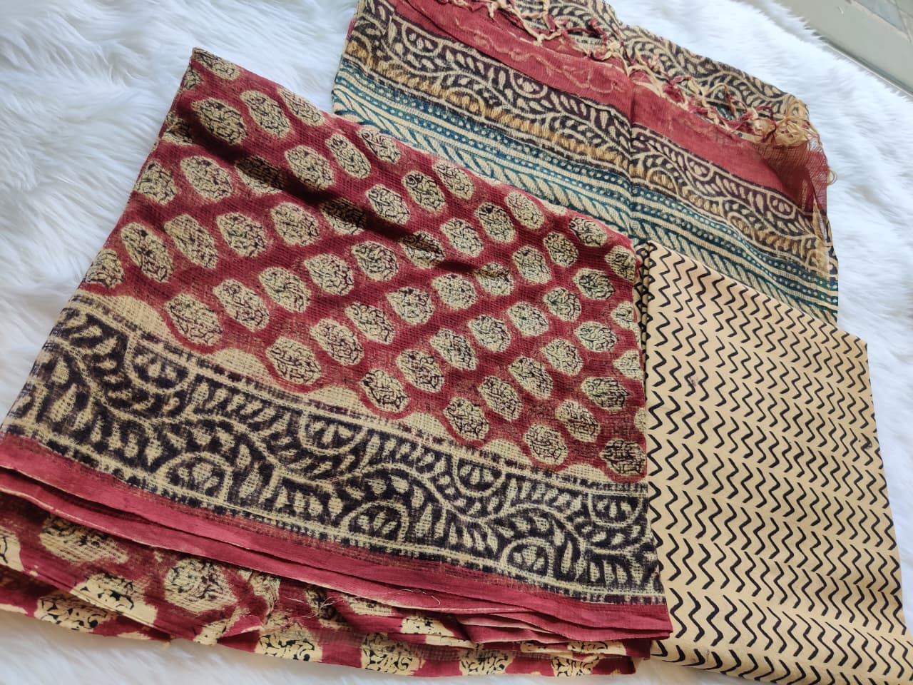 Rustic Red Beige Dabu Print Unstitched Suit with Geometric Dupatta