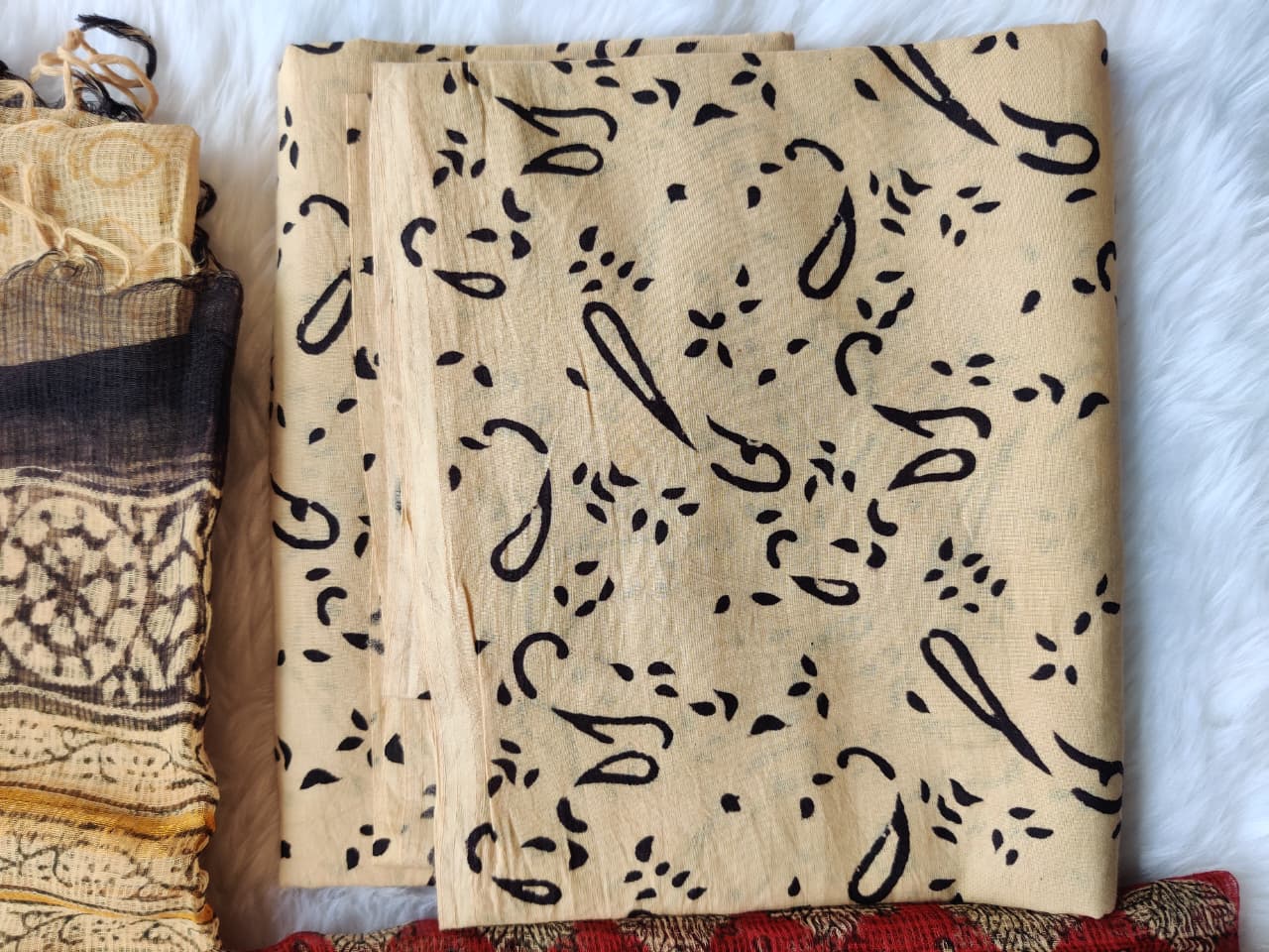Rustic Red Beige Leaf Print Unstitched Suit with Abstract Dupatta