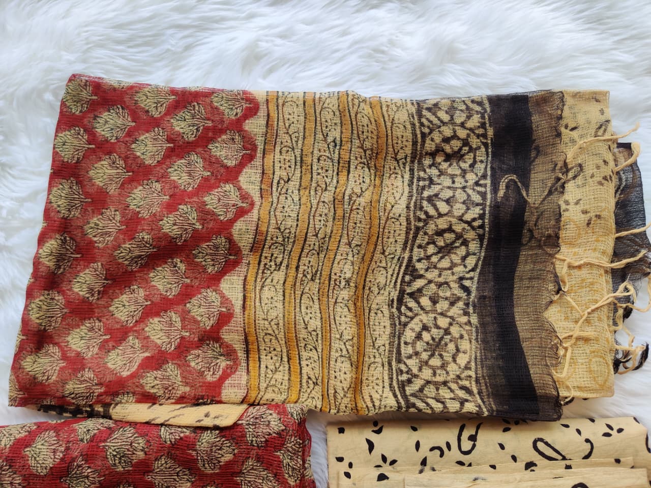 Rustic Red Beige Leaf Print Unstitched Suit with Abstract Dupatta