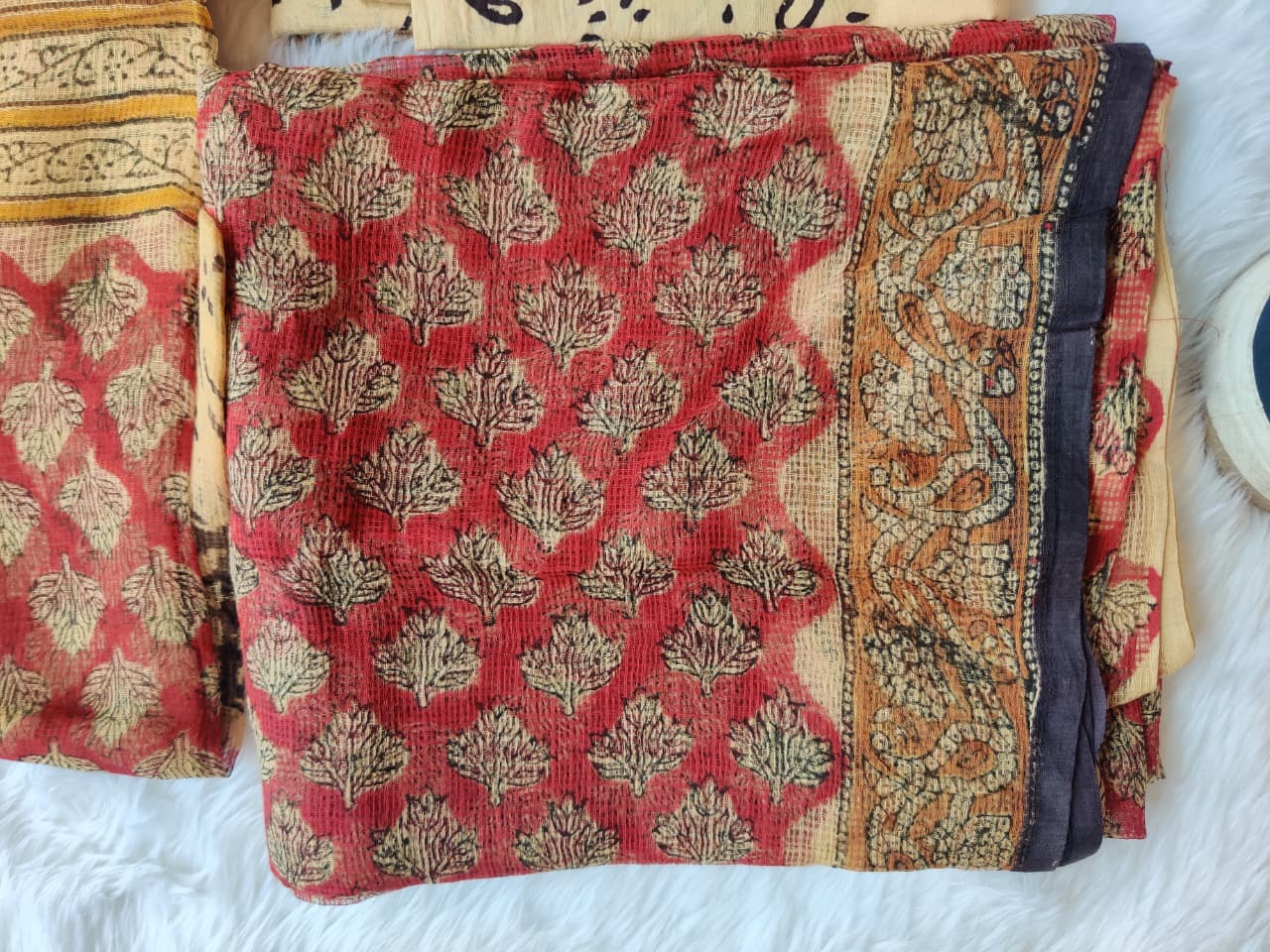 Rustic Red Beige Leaf Print Unstitched Suit with Abstract Dupatta