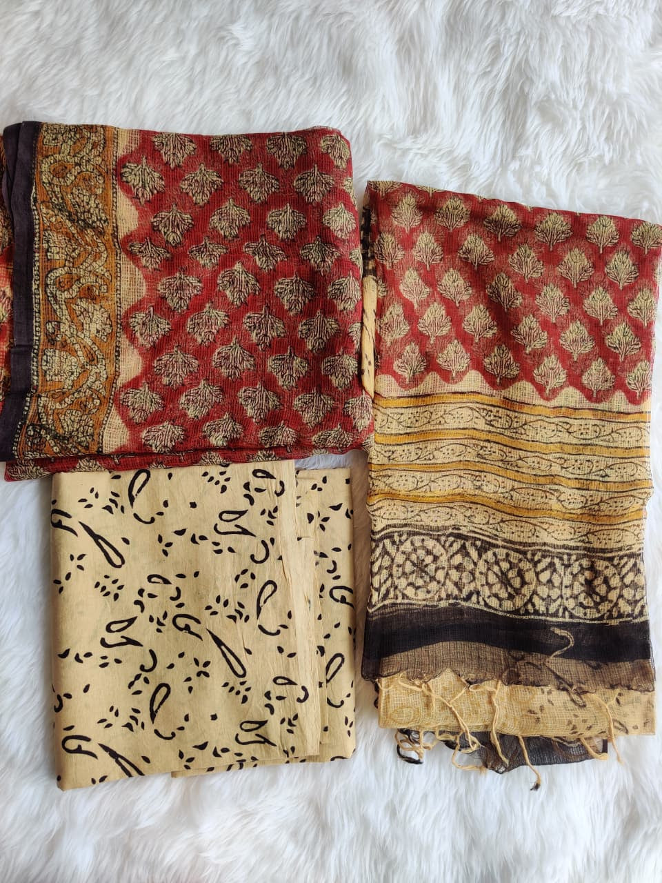 Rustic Red Beige Leaf Print Unstitched Suit with Abstract Dupatta
