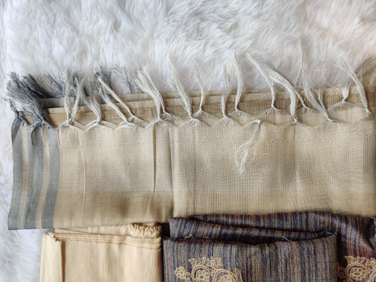 Brown Striped Unstitched 3 piece Suit with Embroidery and Tassel Dupatta