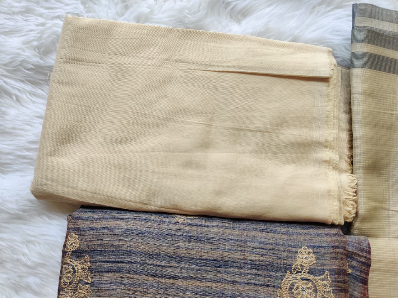 Brown Striped Unstitched Suit with Embroidery and Tassel Dupatta