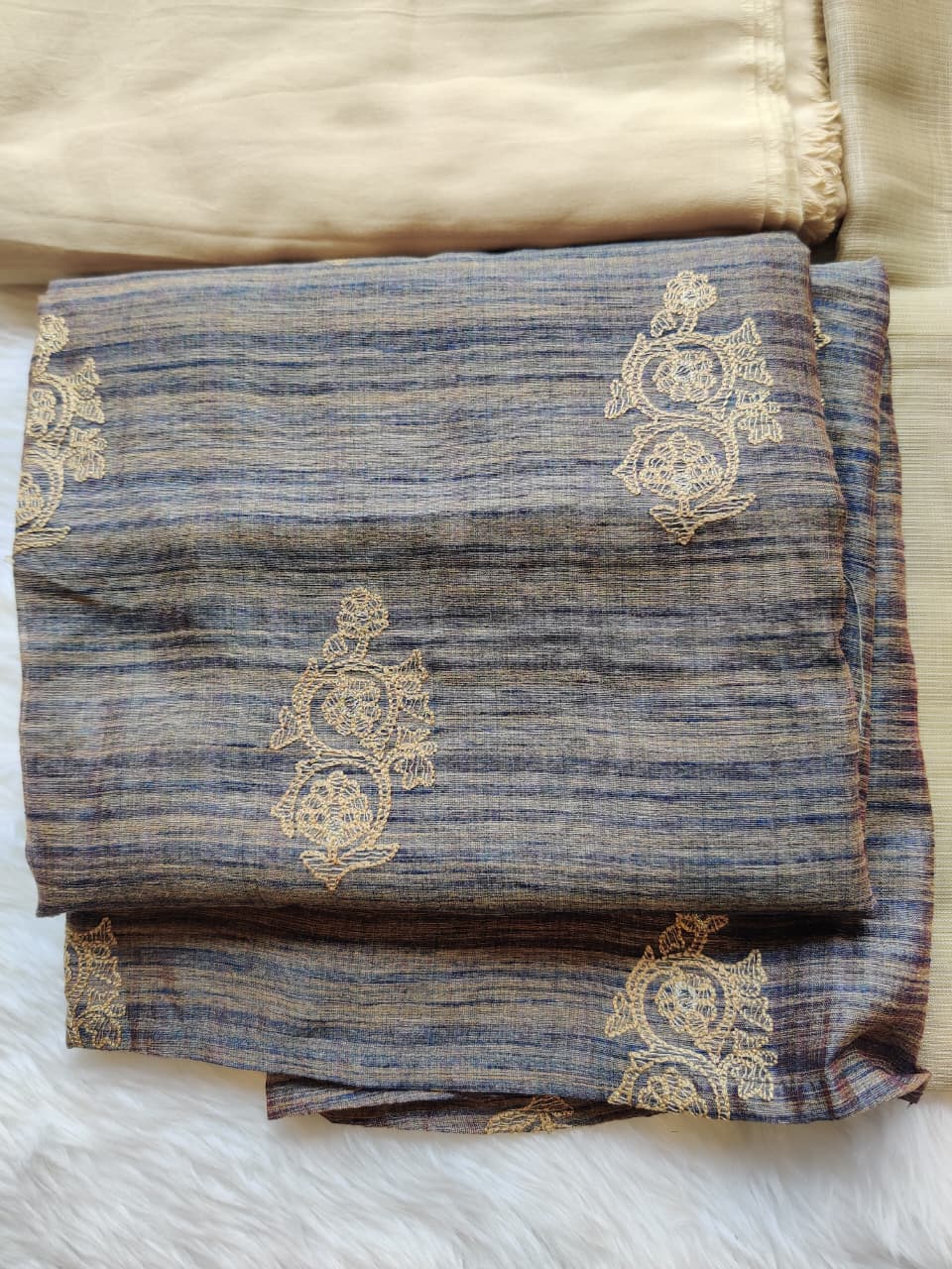 Brown Striped Unstitched Suit with Embroidery and Tassel Dupatta