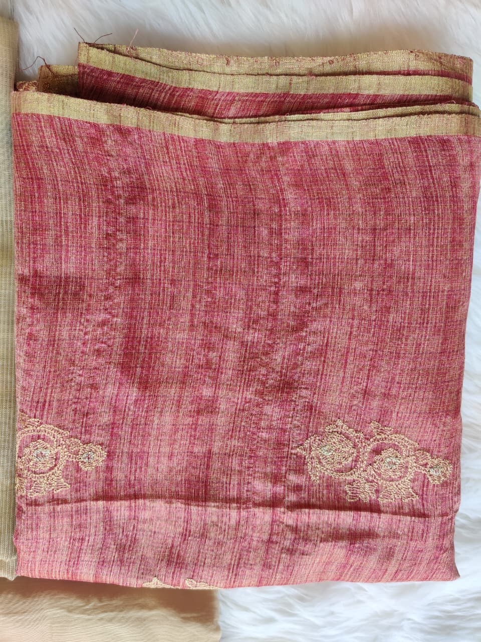 Fuchsia Silk Blend Embroidered Unstitched Suit with Striped Dupatta