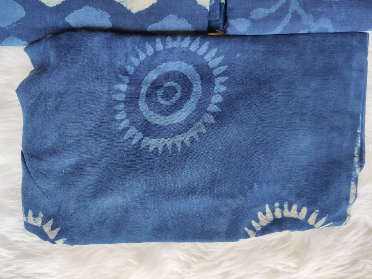 Triple Indigo Blue Block Print Unstitched Cotton Suit Set