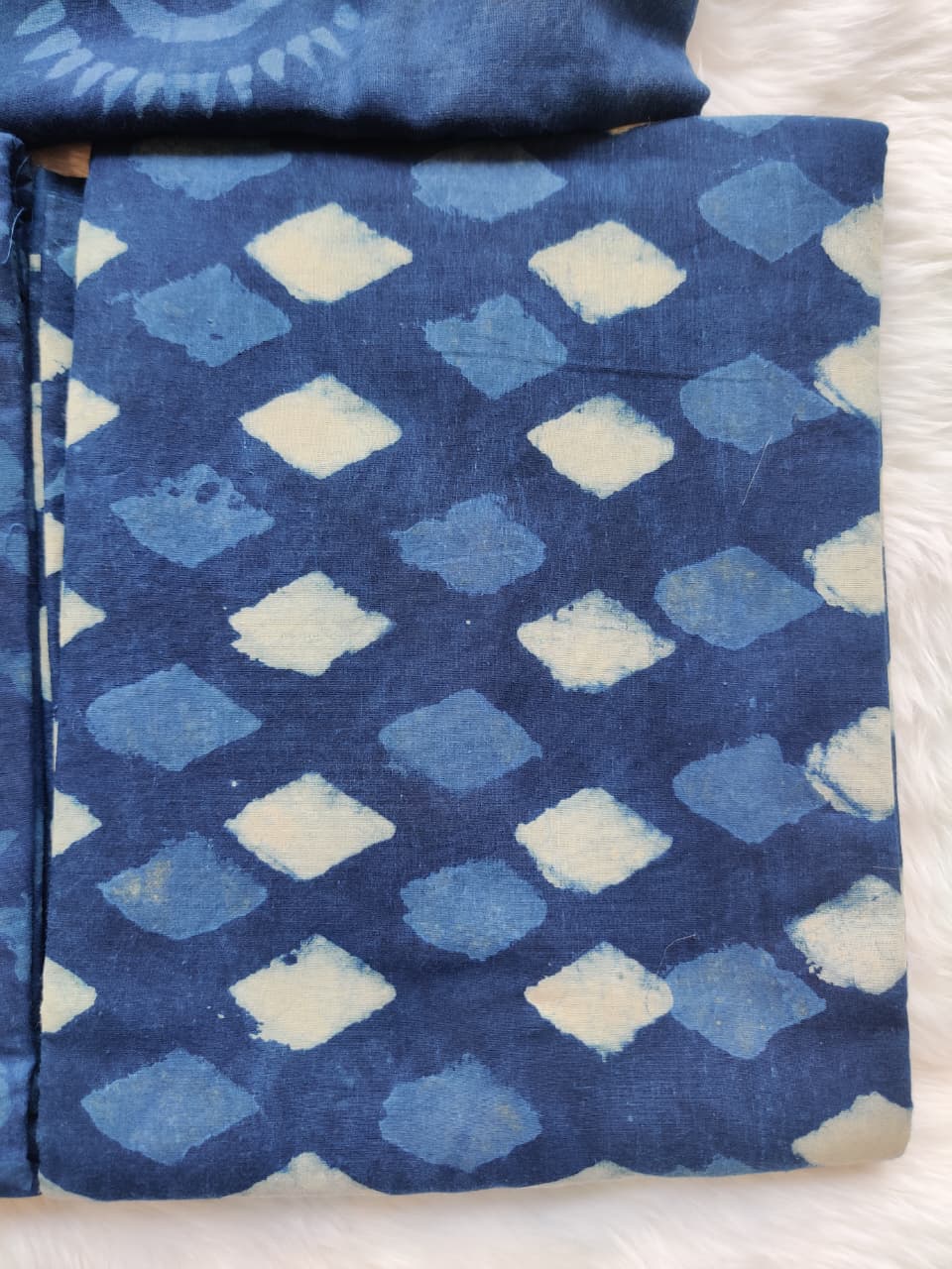 Triple Indigo Blue Block Print Unstitched Cotton Suit Set