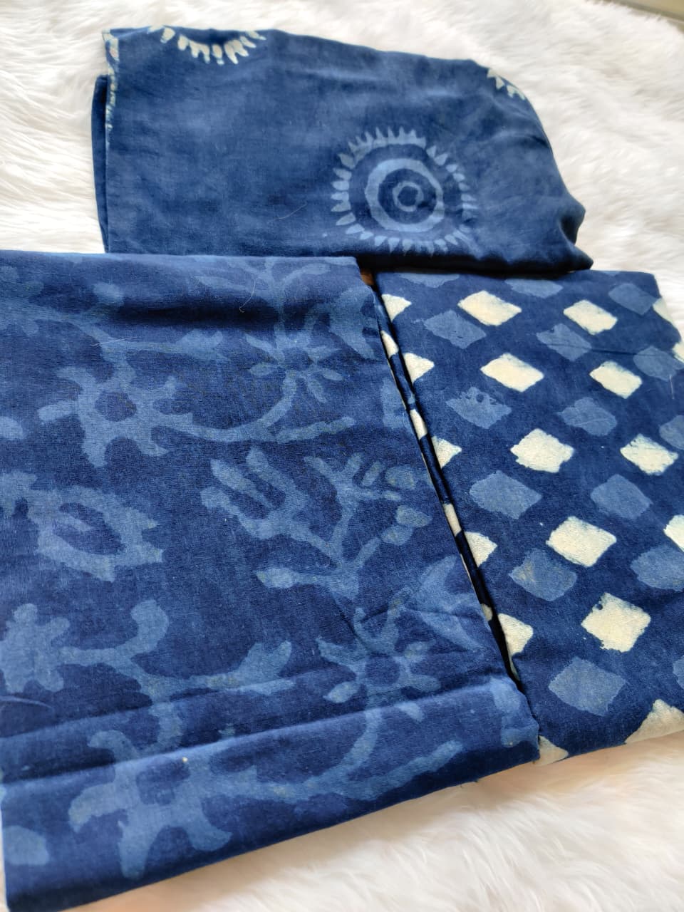 Triple Indigo Blue Block Print Unstitched Cotton Suit Set