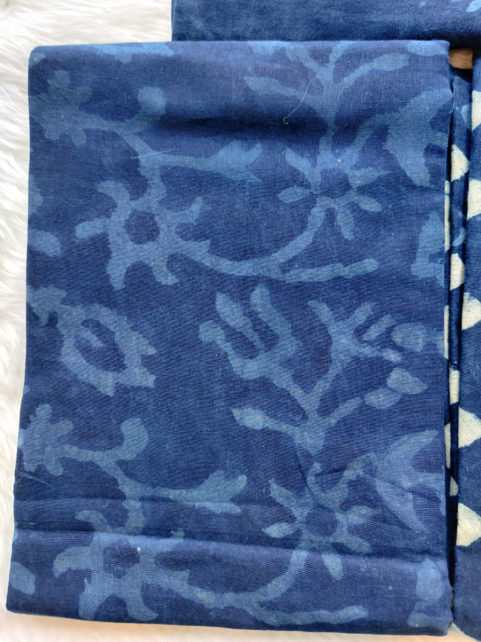 Triple Indigo Blue Block Print Unstitched Cotton Suit Set