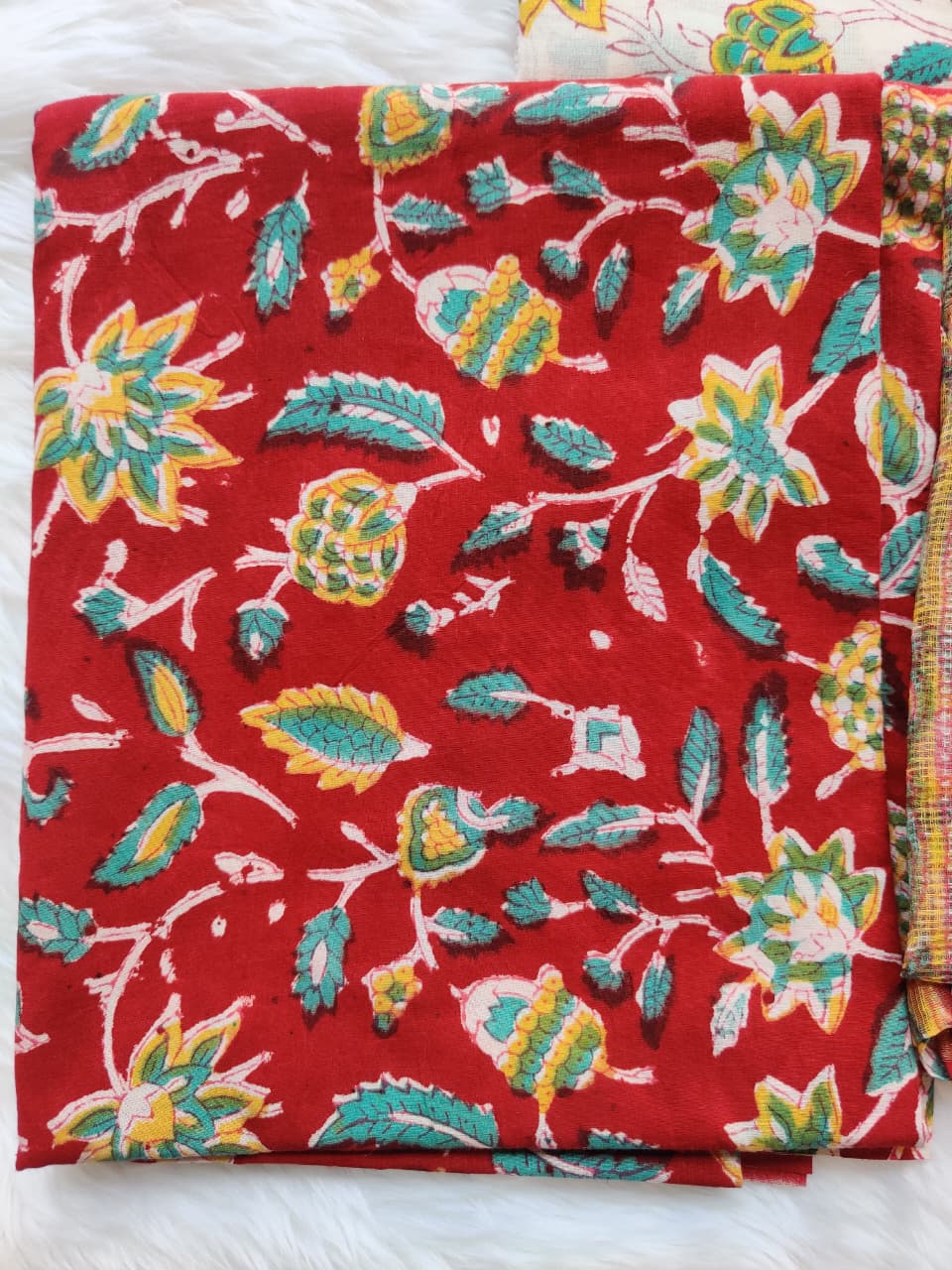 Red Cream Floral Block Print Unstitched Suit with Contrast Set