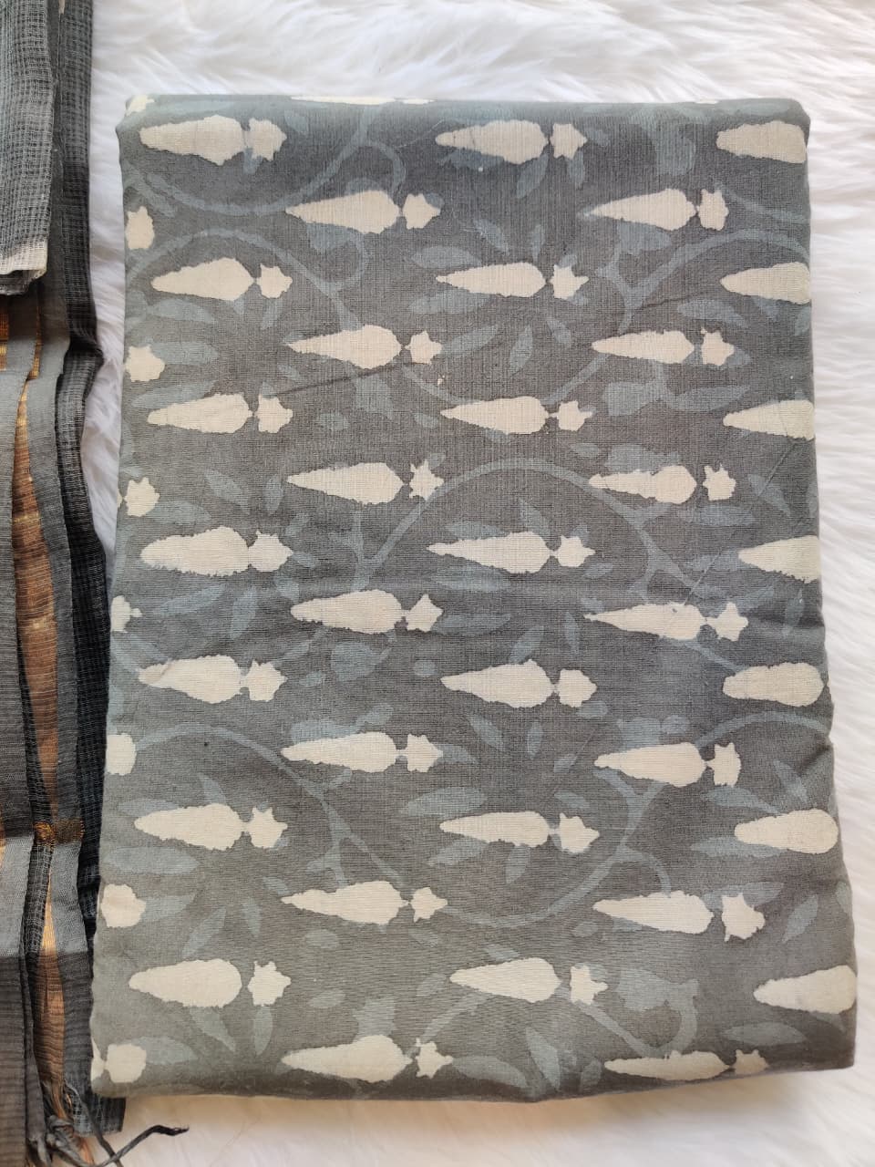 Charcoal Gray Block Print Unstitched Suit with Gold Border Dupatta
