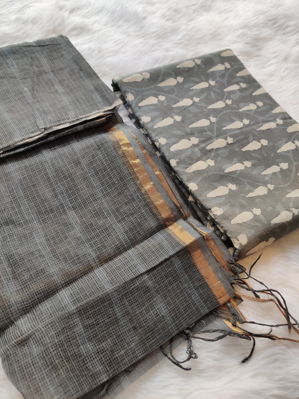 Charcoal Gray Block Print Unstitched Suit with Gold Border Dupatta