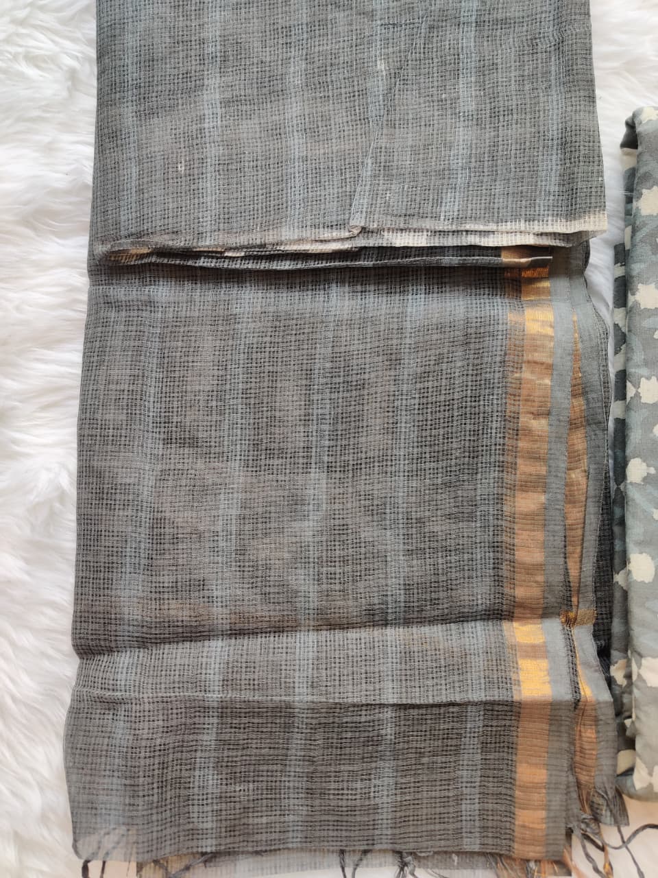 Charcoal Gray Block Print Unstitched Suit with Gold Border Dupatta