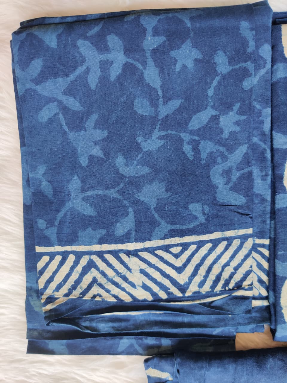 Triple Print Indigo Blue Dabu Unstitched Cotton Suit Set