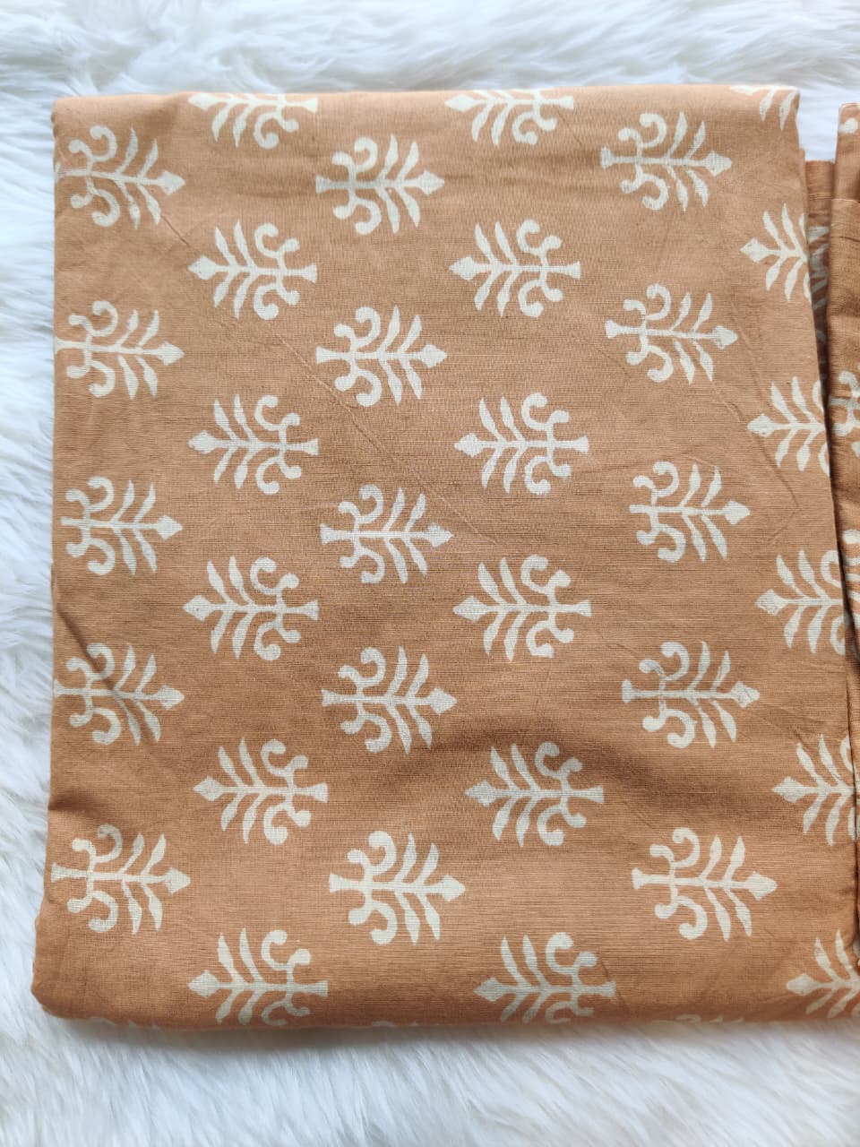 Tan Beige White Block Print Unstitched Suit Fabric Set