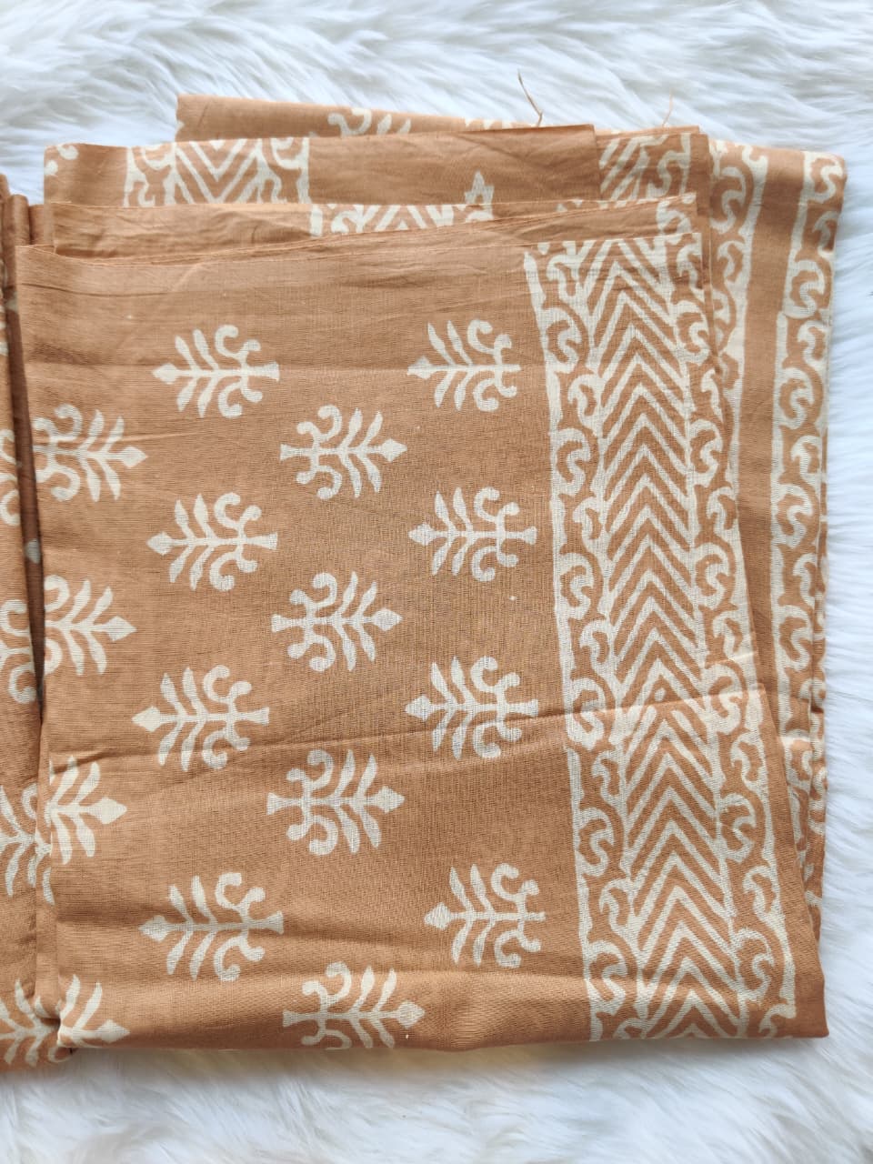 Tan Beige White Block Print Unstitched Suit Fabric Set