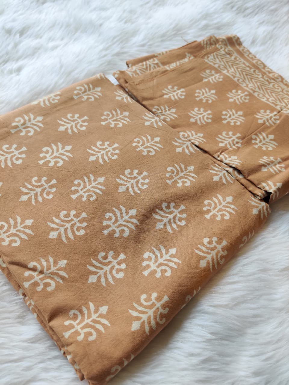 Tan Beige White Block Print Unstitched Suit Fabric Set