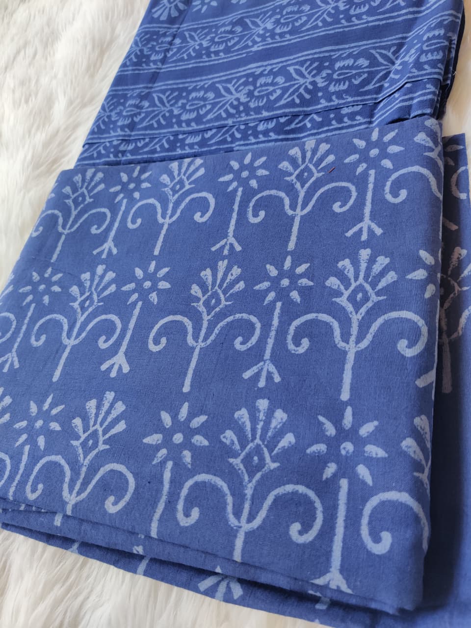 Periwinkle Blue Block Print Unstitched Suit Fabric with Border