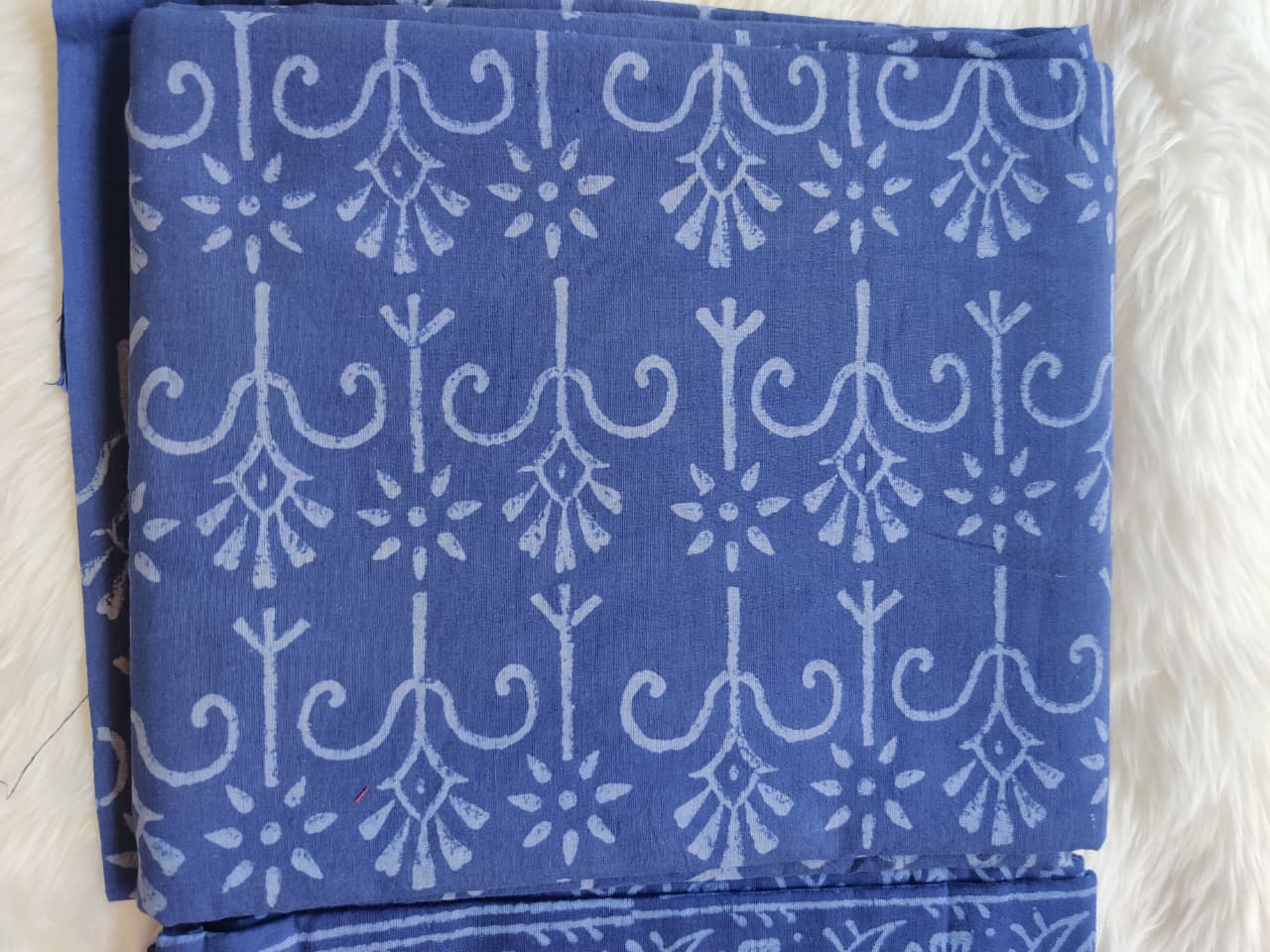 Periwinkle Blue Block Print Unstitched Suit Fabric with Border