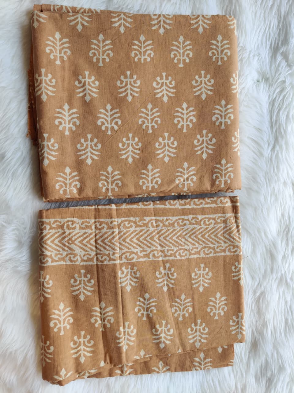 Tan Beige White Block Print Unstitched Suit Fabric Set