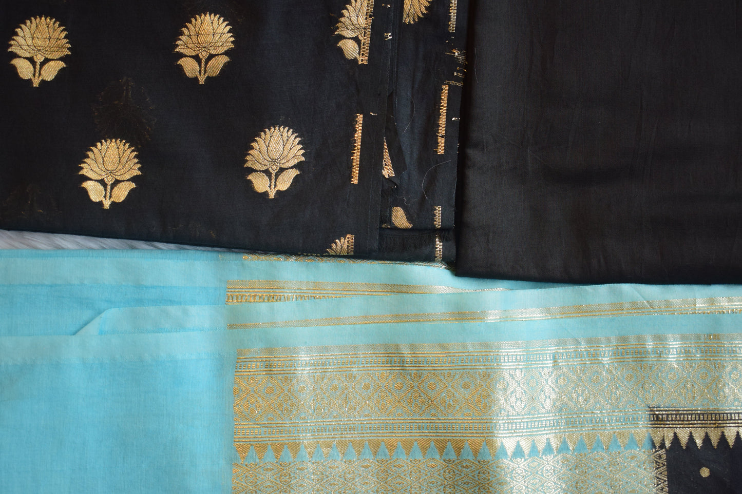Elegant Black & Teal Banarasi Dress Material Set-ST 123