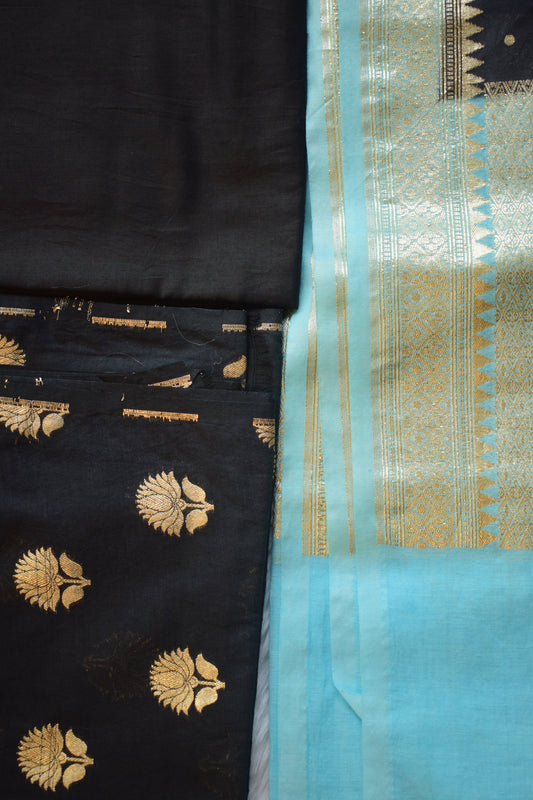 Elegant Black Teal Banarasi Dress Material Set-ST 123
