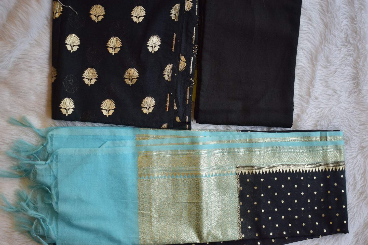Elegant Black & Teal Banarasi Dress Material Set-ST 123