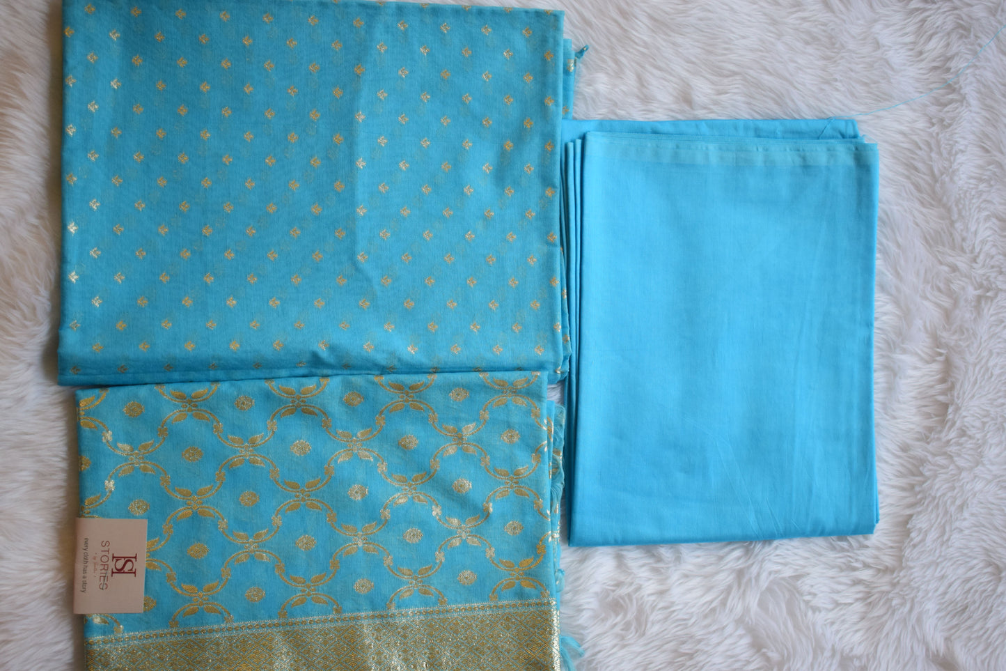 Sky Blue & Gold Zari Unstitched Suit Set