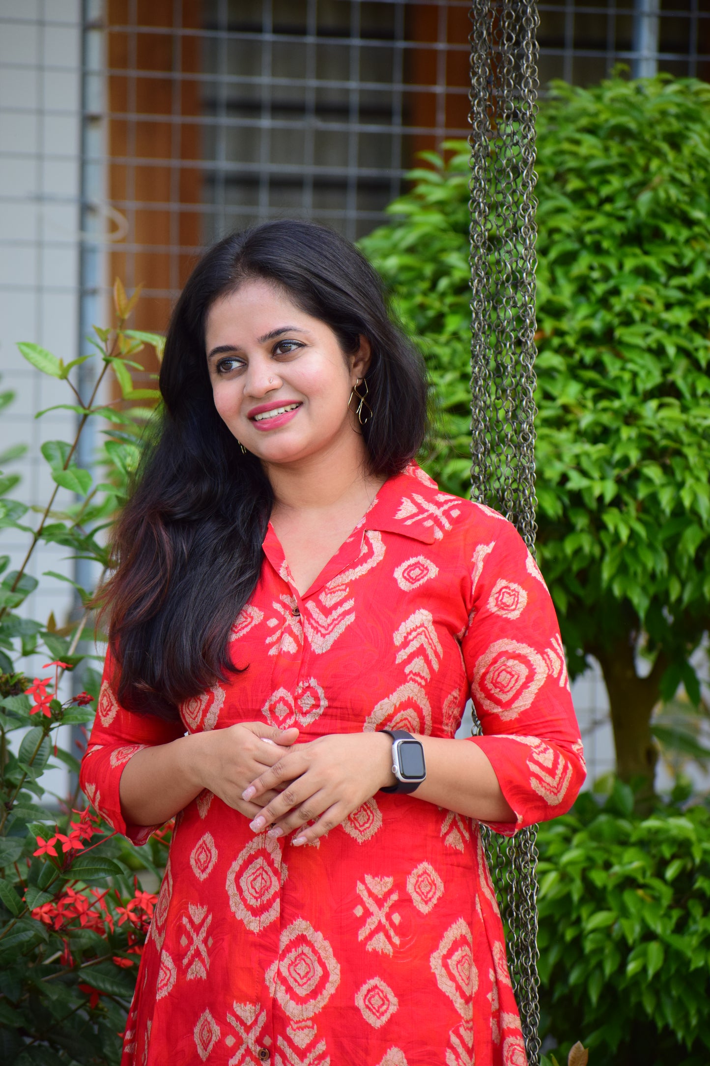 Red Printed Kurti Set shirt collar-ST464