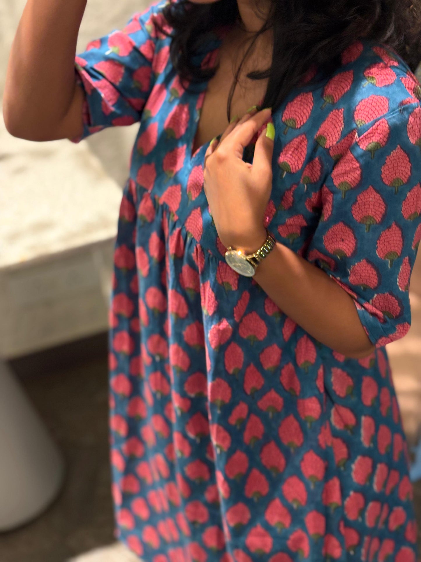 Blue Blossom Handblock Dress-ST 410