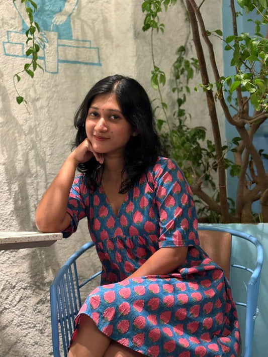 ST- 410 BLUE BLOSSOM HANDBLOCK DRESS