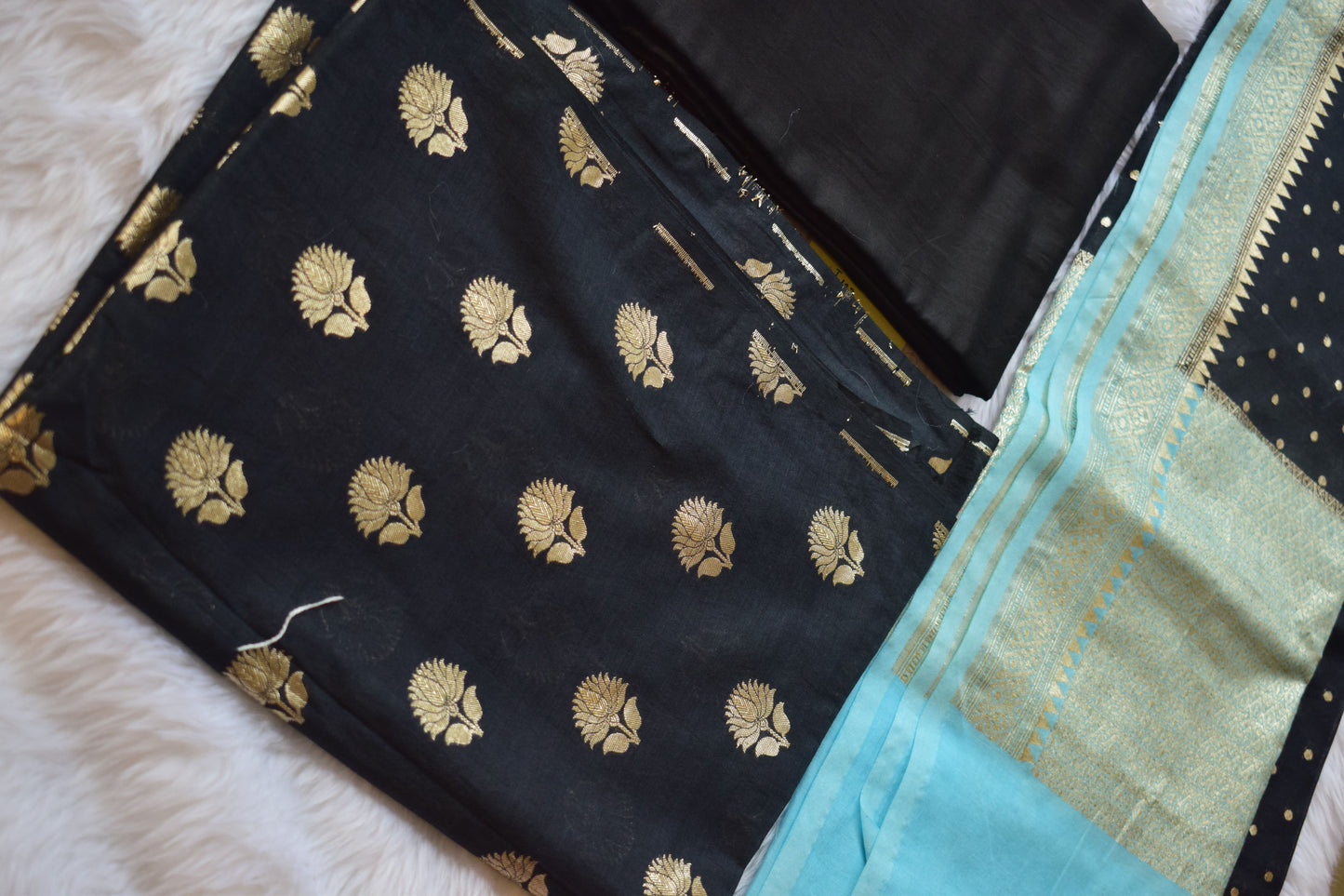 Elegant Black & Teal Banarasi Dress Material Set-ST 123