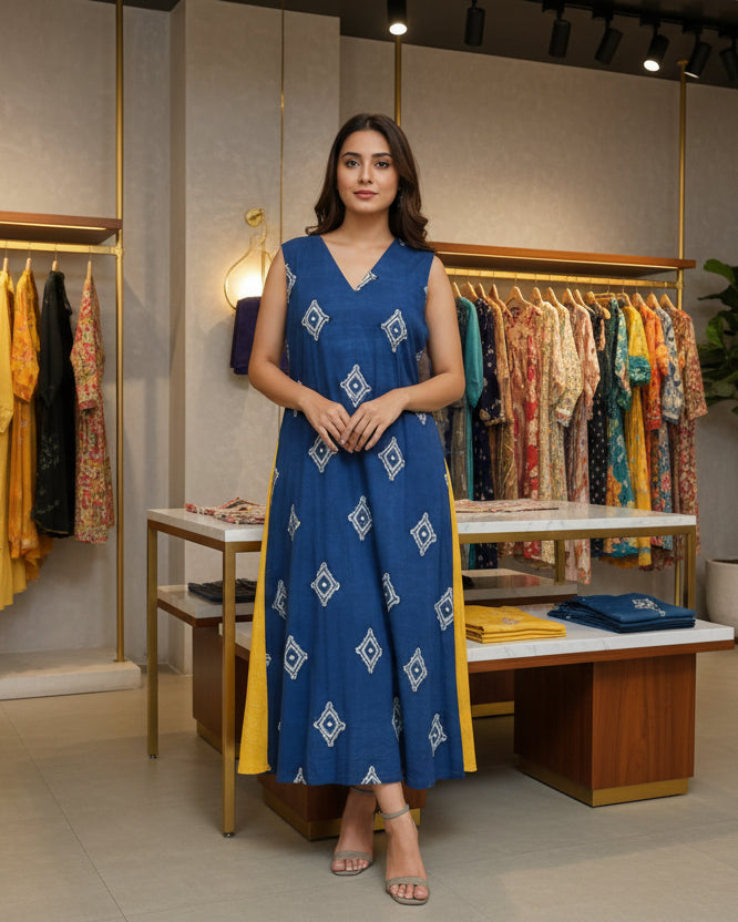 Blue fabric with white patterns on a yellow rod against a neutral background